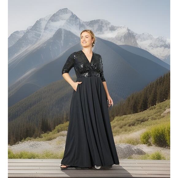 Kiyonna Dress Maxi 2X Black Paris Pleated Sequin Gown Pockets Formal Lined - Picture 1 of 10